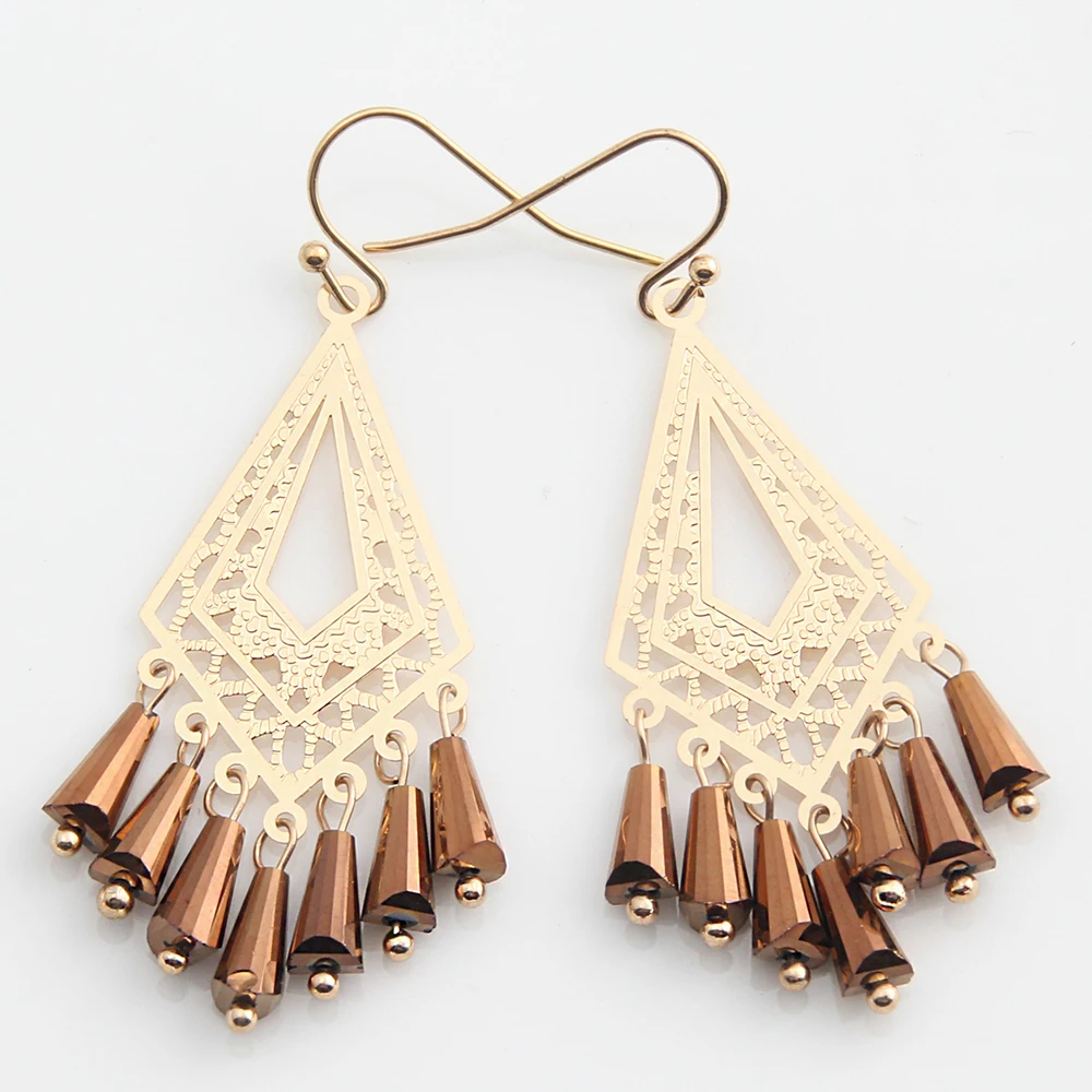 Fashion Handmade Rhombus Earrings with Brown Crystal Exquisite Filigree