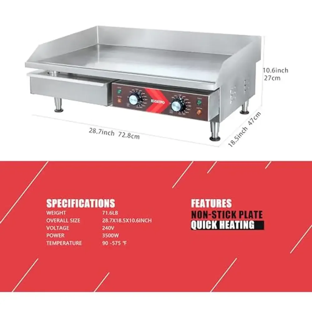 Commercial Stainless Steel Electric Griddle Adjustable Temperature 90℉-575℉ 240V 3500W & 6-Pack 2.5" Half Size Catering Pans 5