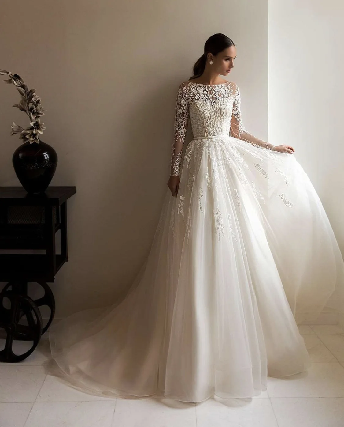 

Elegant Wedding Dress For Women O-Neck 2024 Button Sweep Train Appliques A-line Vestidos De Novia robe de mariée Real Photo