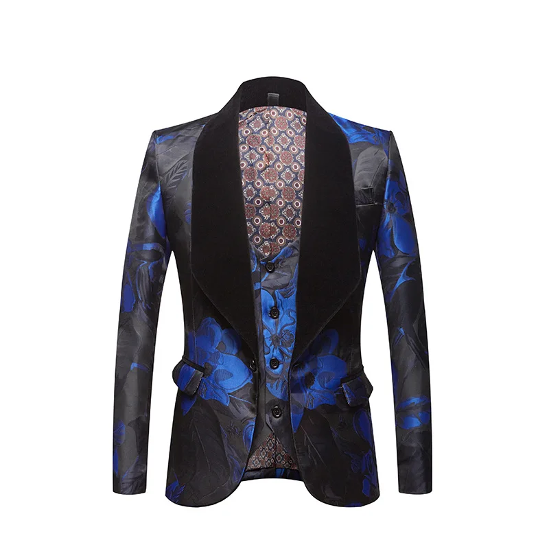 Elegant Jacquard Men's Suit Blue Latest Designs Wedding Groom Prom Party Black Shawl Collar Male 3 Piece Set (Blazer+Vest+Pants)