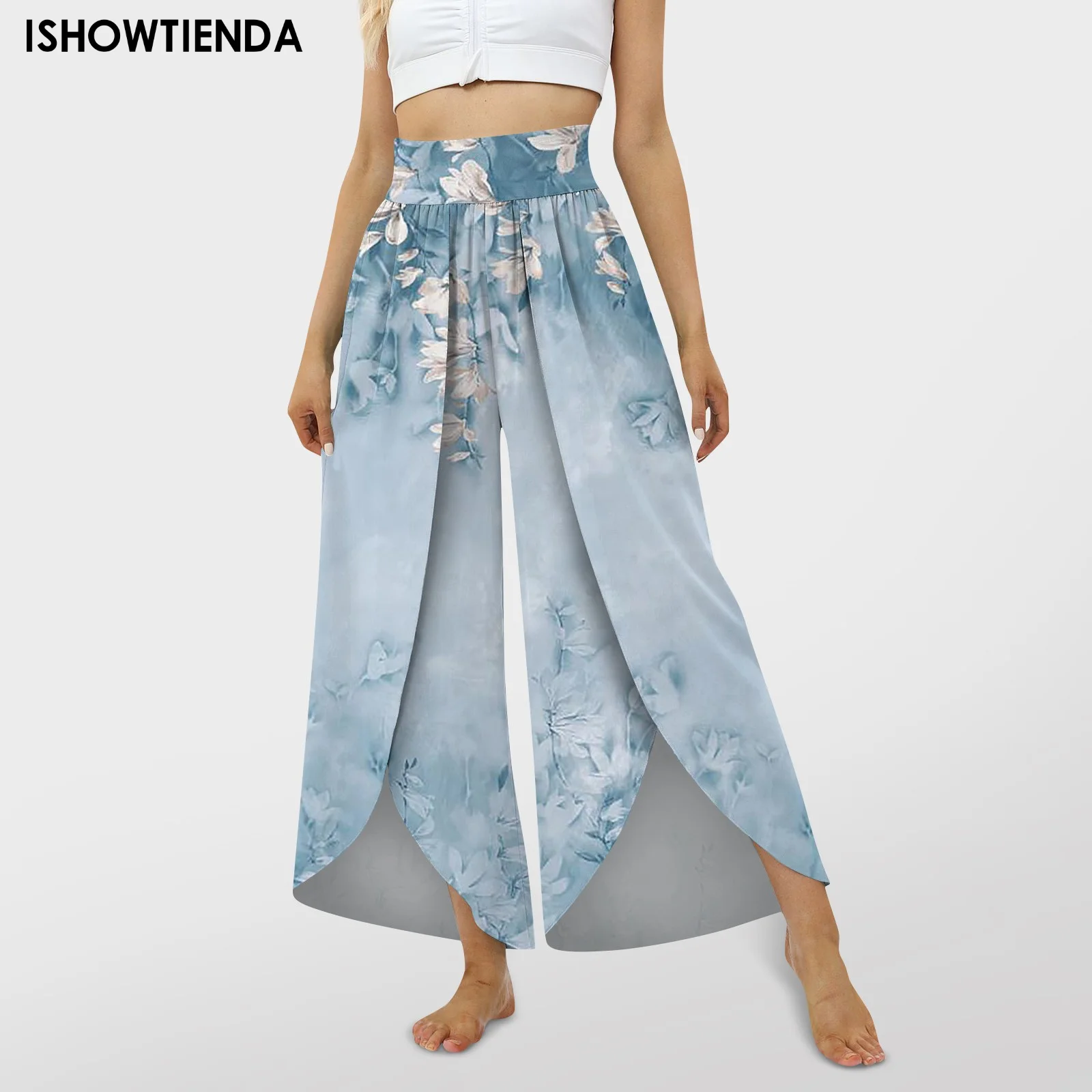 

Women Plus Size Wide Leg Pants Loose Fitness Dance Yoga Split Trousers Female Elastic Waist Casual Workout Print Summer Clothing