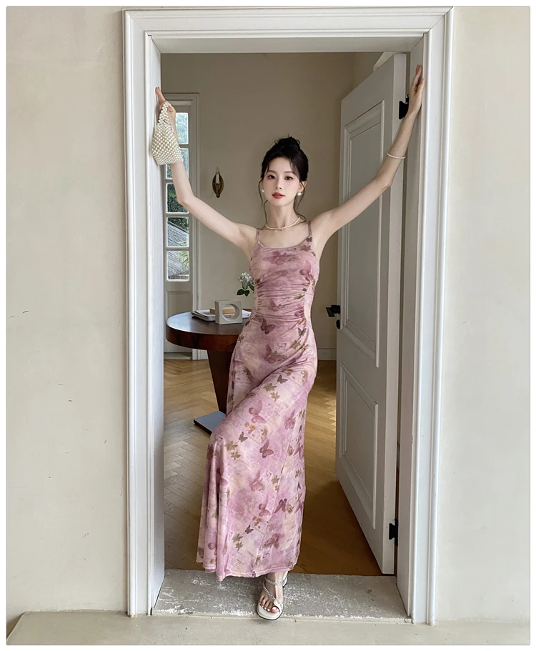 Sexy Printed Long Dresses for Women Mesh Spaghetti Strap Slim A-line Party Dress Summer Korean Fashion One Piece Vestido Mujer