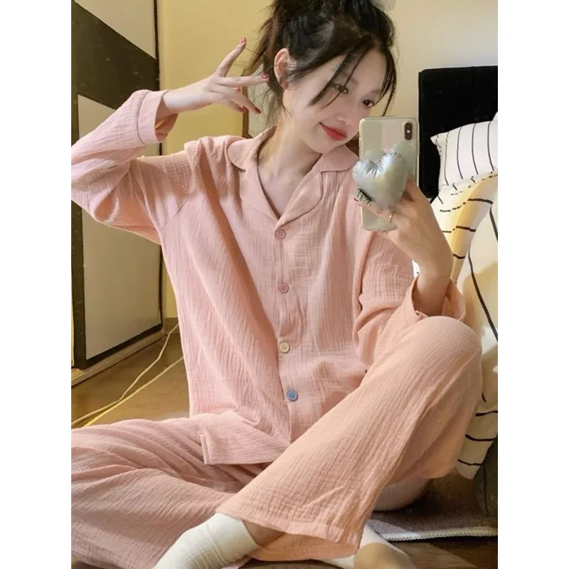 

Простая однотонная женская модель, весна-осень, японская серия, милый свободный комплект одежды для отдыха с длинным рукавом