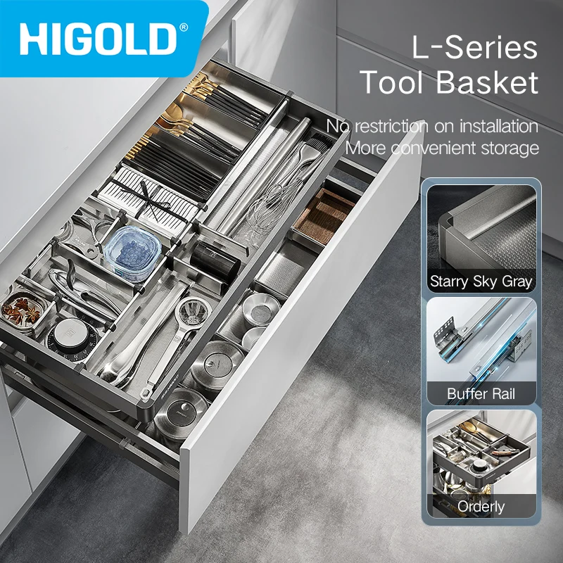 HIGOLD Small Pull Basket Kitchen Cabinet Tool Puller Single Drawer Space Aluminium Tool Basket Utility Room Damping Divider