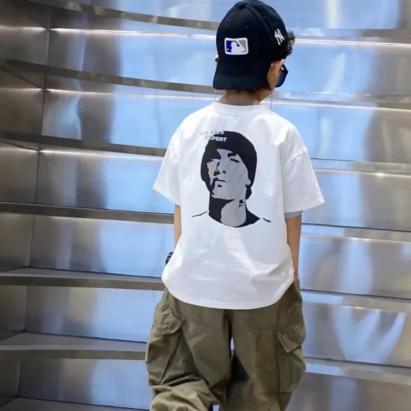 

Boys' Short-sleeved 2024 Children Leisure Clothing Loose Half Sleeves Style Korean Version of The Head Print T-shirt for A Boy