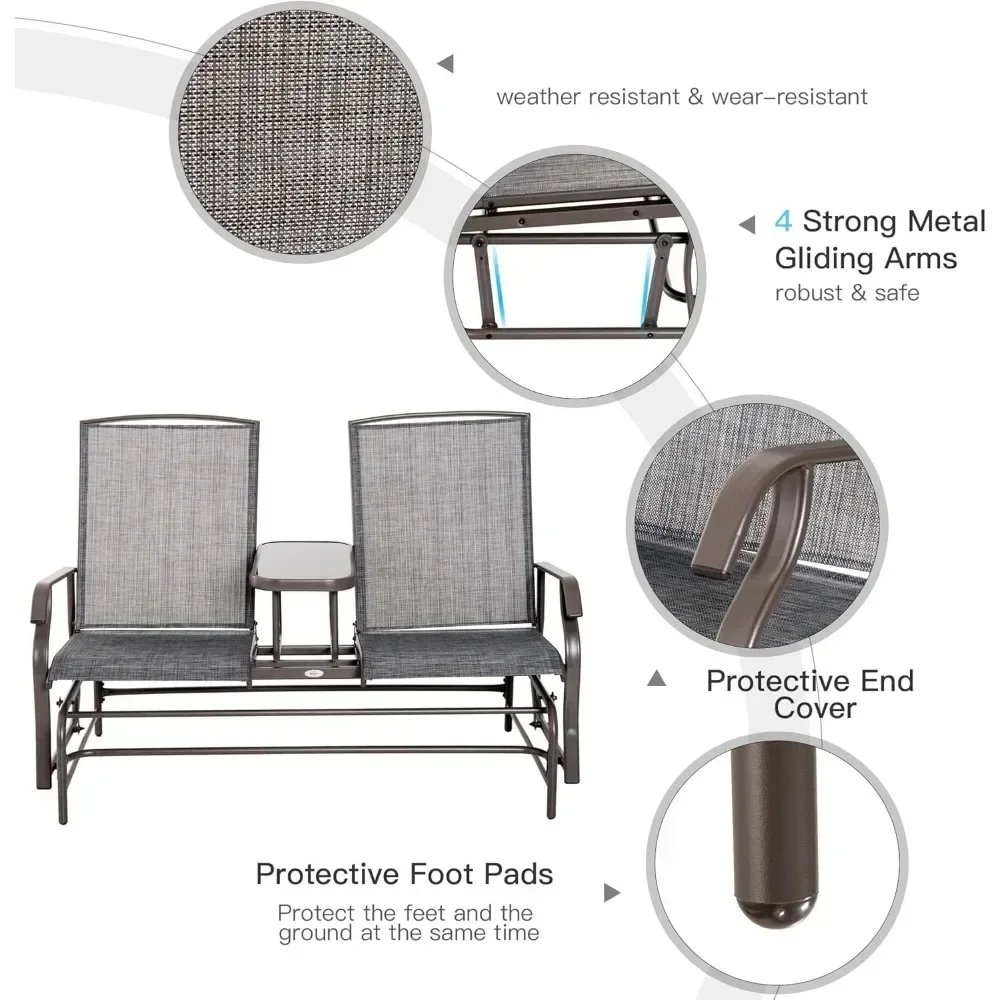 Outdoor Glider Loveseat with Table – Mesh Fabric & Armrests 4