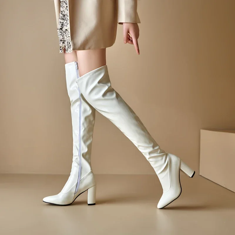 Women Red Patent Leather Thigh High Boots Block Heel White Dance