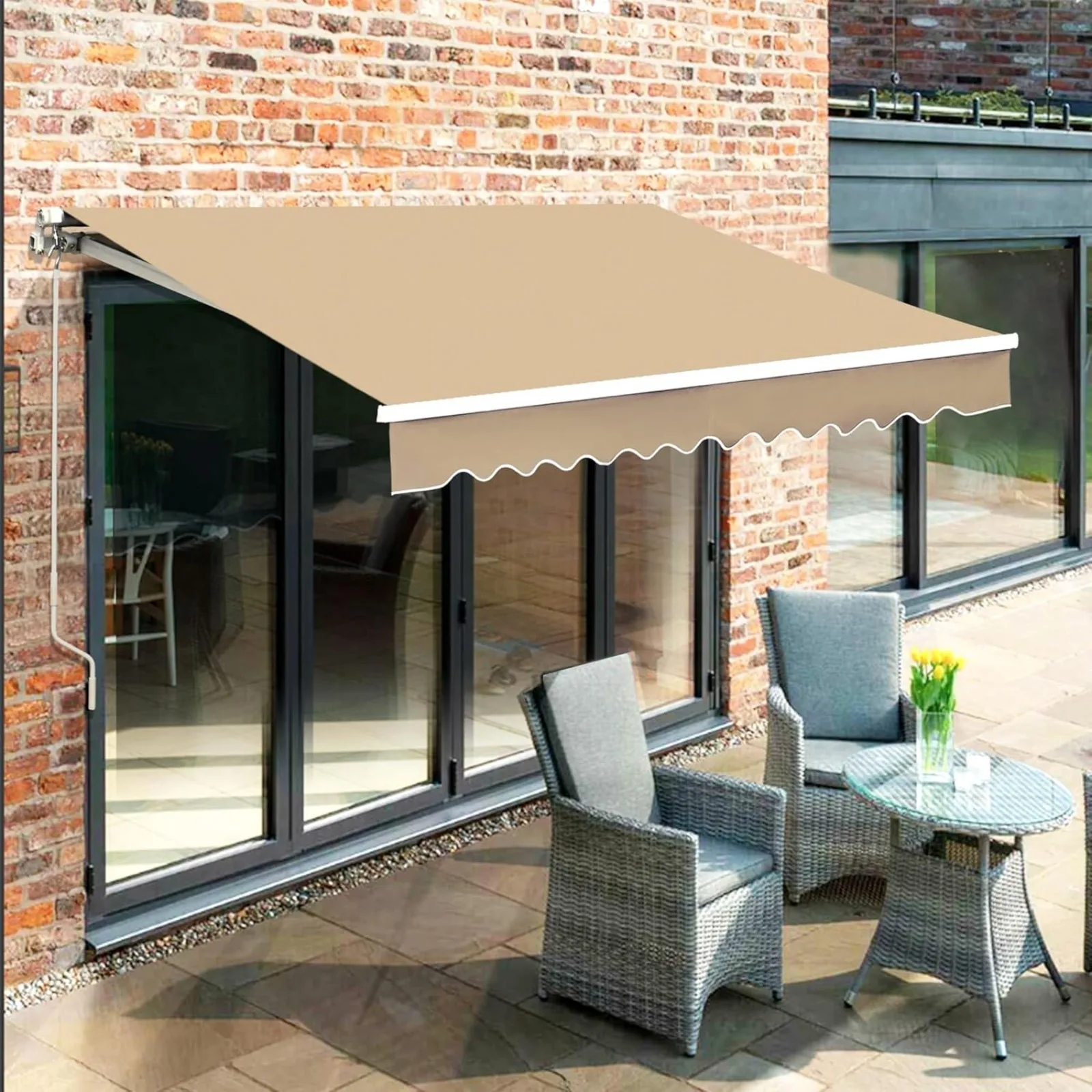 US 10x8 Feet Manual Retractable Patio Door Window Awning Sunshade Shelter Outdoor Canopy, 0810 (Brick Red with Beige Stripes)