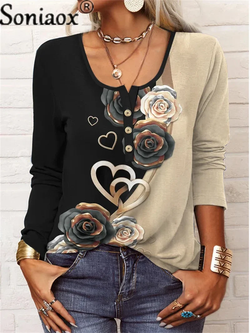 Women's Elegant Geometric Flower Print U Neck Button Long Sleeves T-shirts