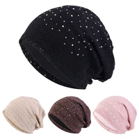 Women Elastic Turban Muslim Lace Rhinestone Hijab Islam Sleep Night Caps Chemo Pullover Hat Ladies Scarf Headwrap Baggy Beanies 2