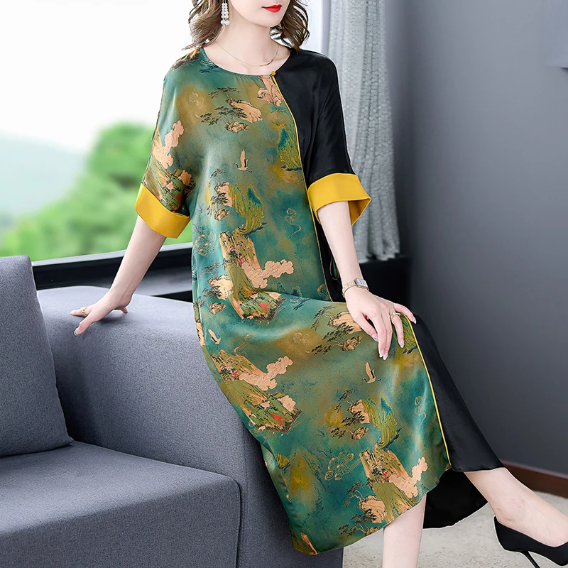 

Summer Floral Mulberry Silk Polo Collar Midi Dress Women Elegant Bodycon Officelady Dress 2022 Korean Vintage Casual Party Dress