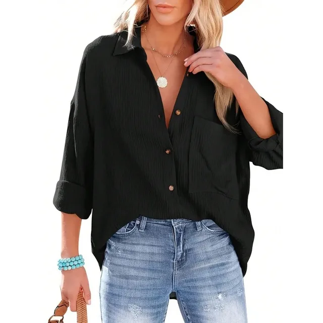 Plus Size Women Long Sleeve Relaxed Fit Shirt Lapel Neck Batwing Sleeve Casual Blouse Female Solid Blouse