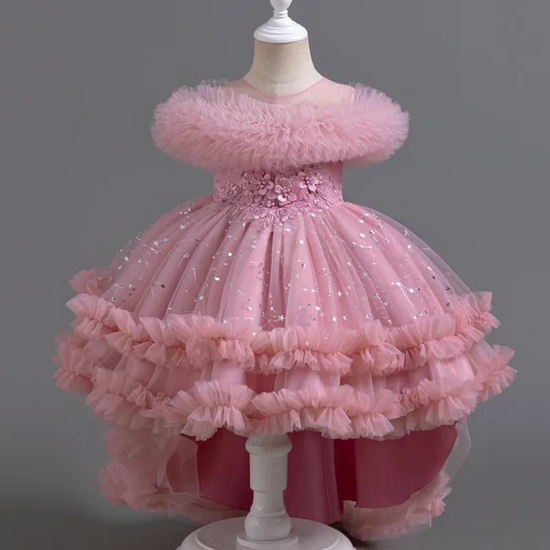 

T8907 Girls' Wedding Dress Formal Evening Trailing Dress Sleeveless Princess Fluffy Cake Dinner Performance Dance