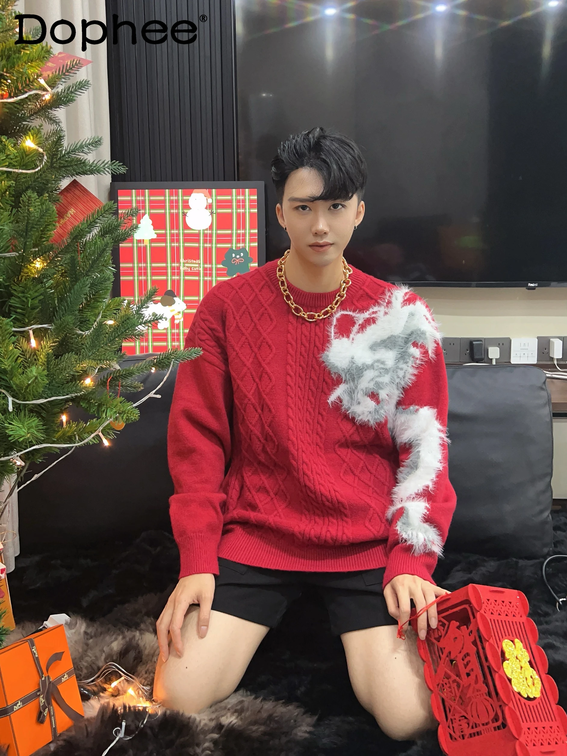 Fashion New Spring Red Sweaters Men's Women's New Loose-Fitting Outer Wear Trendy Male Pullover Long Sleeve Knitted Tops