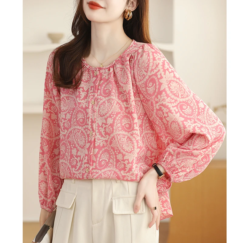 Pink Floral Lantern Sleeve Shirt for Women's 2024 Summer New Gentle Korean Sweet Long Sleeved T-shirt Top Female Clothing