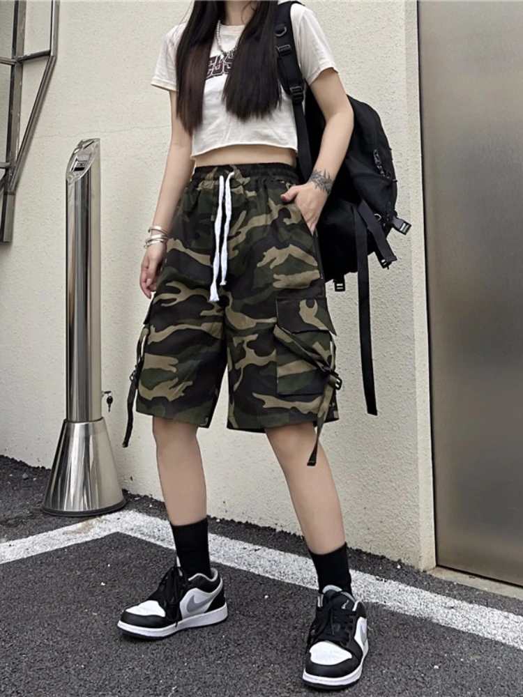 Summer New Camouflage Pants Women Streetwear Loose Cargo Pants High Waist Multi-pocket Shorts Woman