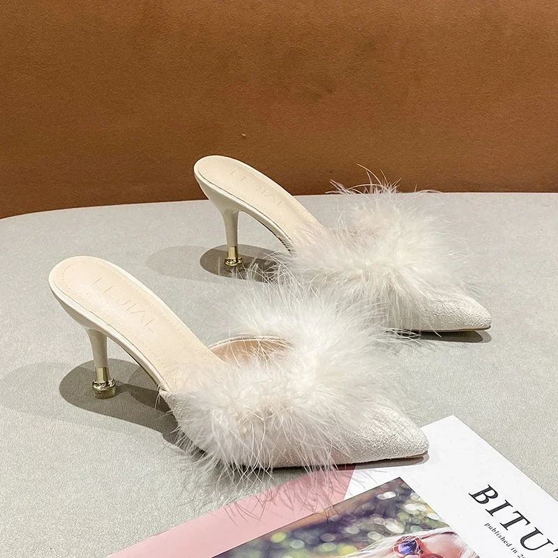 Woman Pumps Heel Slippers Pointed Toe Slip on Fur High Heels Summer Slides
