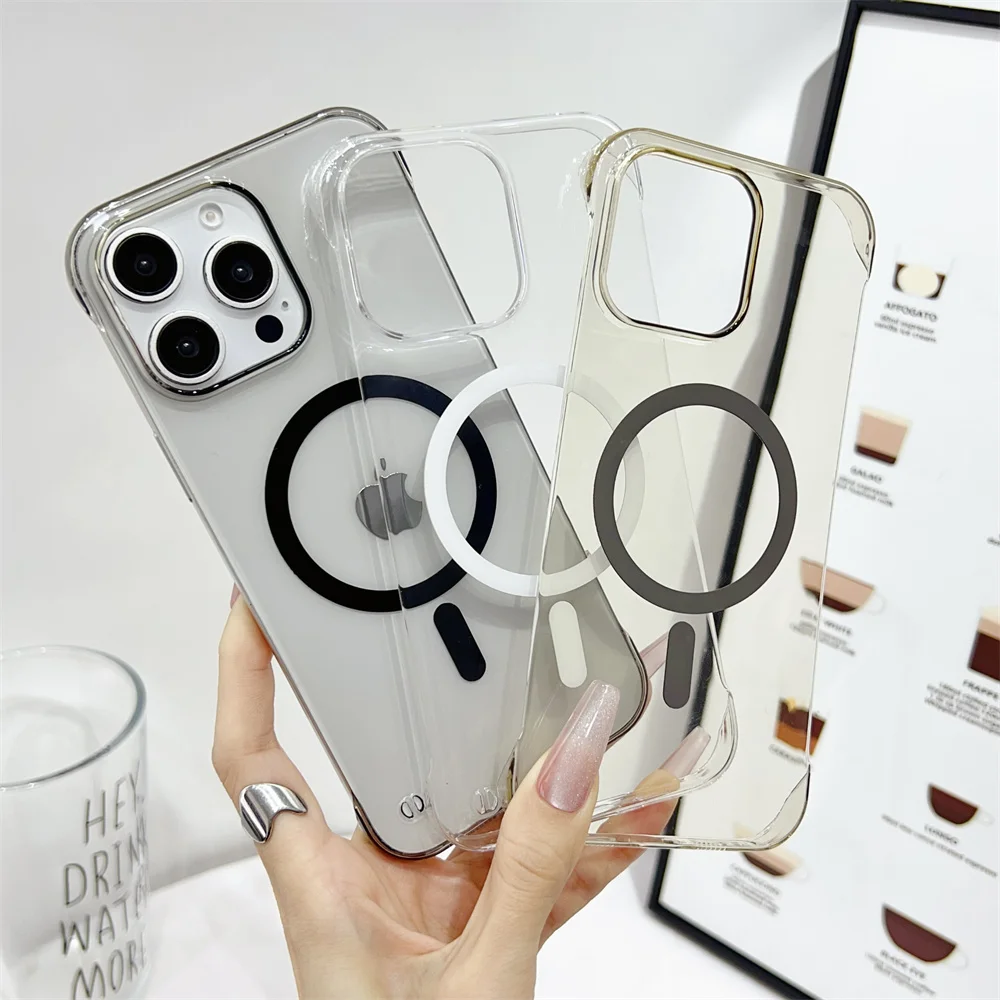 Sleek Clear Frameless Phone Case with MagSafe Compatibility and Wireless Charging Support