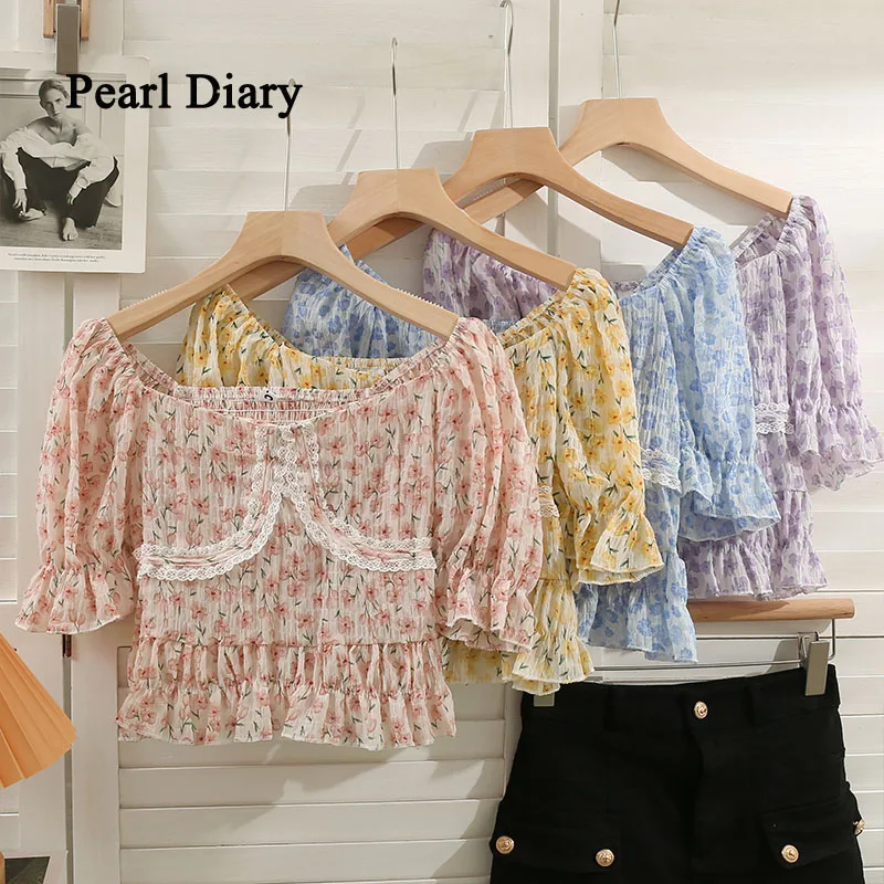 Pearl Diary Women Lace Join Together Retro Small Floral T-Shirt Fashion Slash Neck Ruffles Top Women All-Match Thin Pullover Shi 【retro floret】original handmade a5a6 notebook covers protector book sleeve crafted fabric products diary cover，in stock