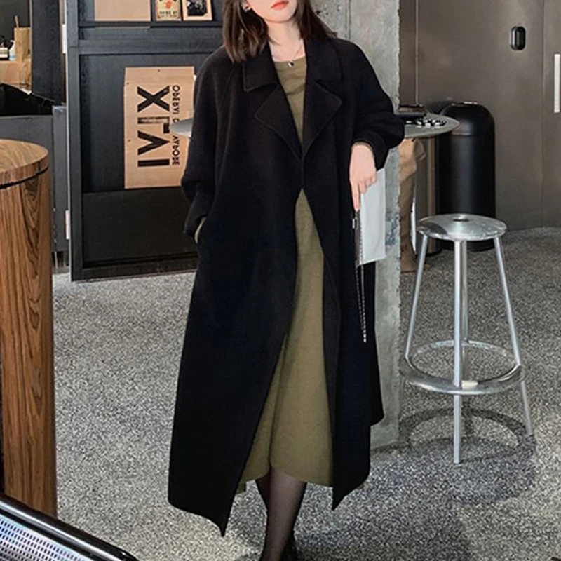 2023 Autumn Winter Women Trendy Lace Up Vintage Simple Woolen Coat Female Korean Oversize Chic Jacket Solid Long Sleeve Overcoat