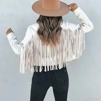 Cardigan corto con frange vintage - Giacca hippie da motociclista in finta pelle scamosciata con nappe, capispalla retrò a maniche lunghe