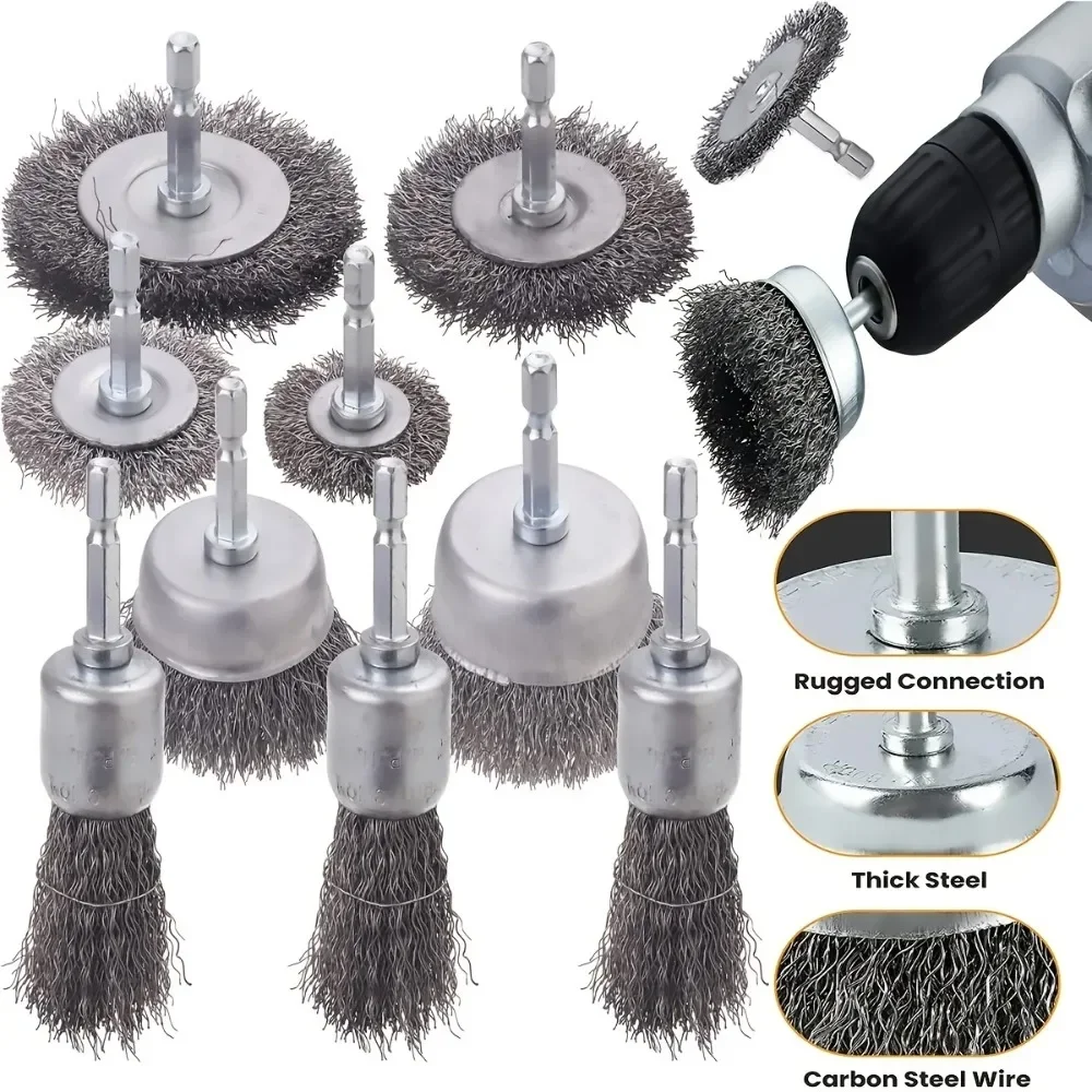 9pcs/3pcs Wire Brush Wheel Cup Brush Set Black Silk 6.35mm Hexagonal Rod for Grinder Abrasive Tool Rust Removal Polishing