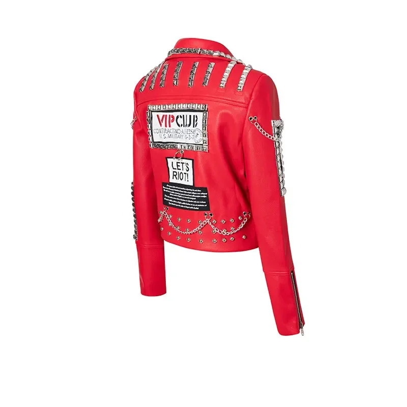 Red Cropped Leather Jacket for Women 2024 Trend Rock Punk Style Streetwear Motorcycle Printed Faux Leather Studded Jacket