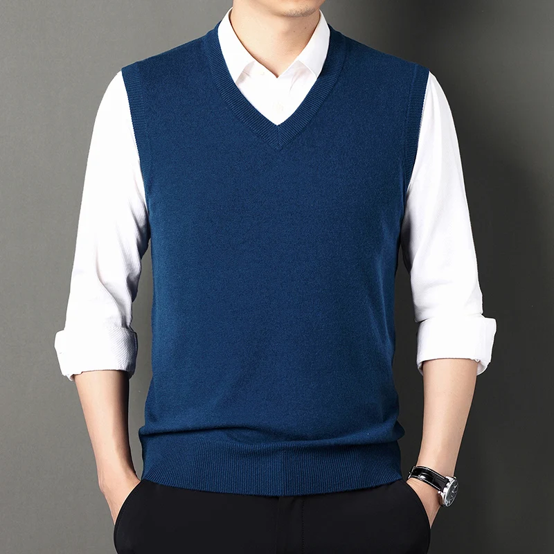 Men Sweater Vests 100％ Wool Knitted Sweater Vests Pullovers Autumn/Winter