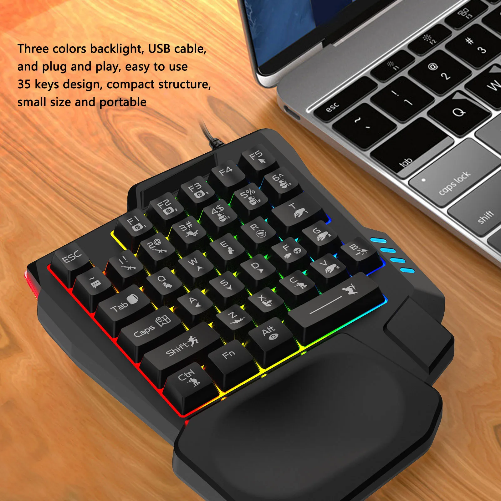 One-Handed Anti-Slip Backlit Gaming Keyboard - Black, 35 Keys