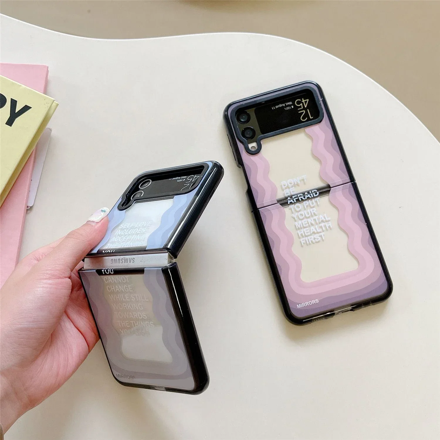 Acrylic Black Border Wave Phone Case for Samsung Galaxy Z Flip 5 4 3 Back Cover for ZFlip3 ZFlip4 ZFlip5 Hard Case Shell