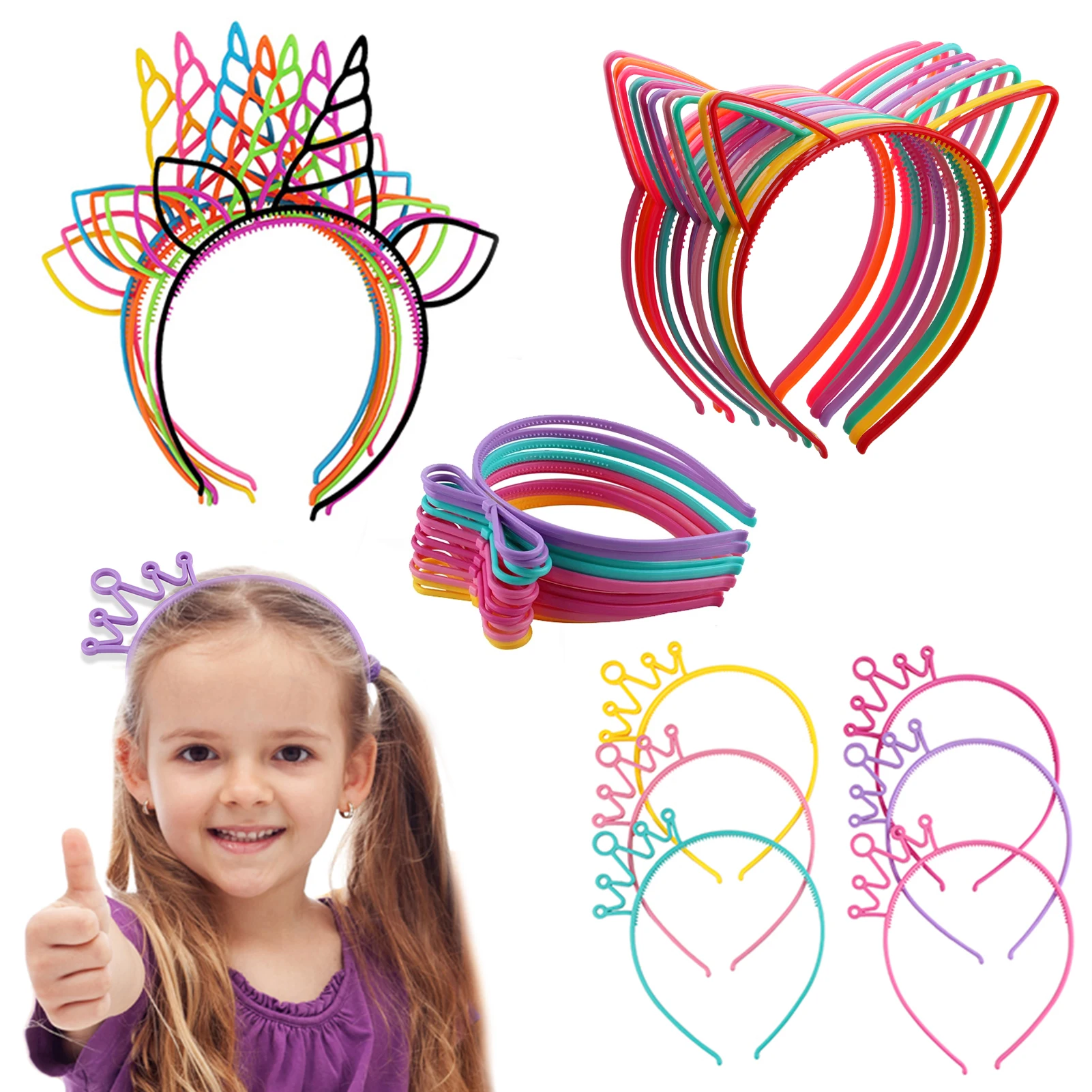 

6pcs Girls Unicorn Kitty Bows Crown Headbands Plastic Cat Ears Headband Party Family Decoration Hair Accessories