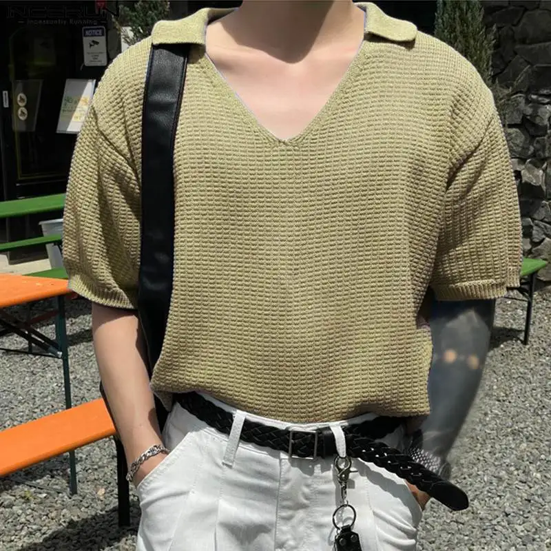INCERUN Tops 2023 Korean Style New Mens Solid Simple All-match Shirts Casual Streetwear V-shaped Short Sleeve Lapel Blouse S-5XL