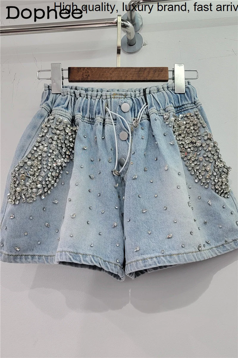 

Summer 2023 New Outer Wear Heavy Industry Starry Diamonds High Waist Slimming Wide-Leg Denim Shorts Women's Hot Pants