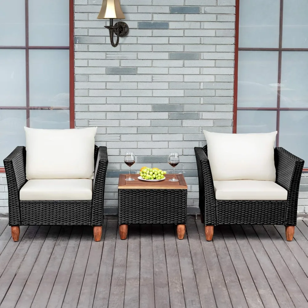 Patio Furniture Set, Patiojoy Outdoor Wicker Rattan Bistro Sofa Set w/Washable Cushion, Acacia Wood Top Coffee Table 3