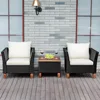 Patio Furniture Set, Patiojoy Outdoor Wicker Rattan Bistro Sofa Set w/Washable Cushion, Acacia Wood Top Coffee Table 3
