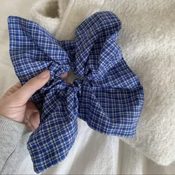 Preppy Blue Plaid Hair Scrunchie with Large Bow - Cute Retro Hair Accessory (Blue)