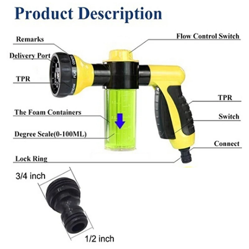 Garden Spray Water Gun Foam Sprayer Hose Nozzle High Pressure Sprinkler for Watering Plants Lawn Car Wash Showering Pet