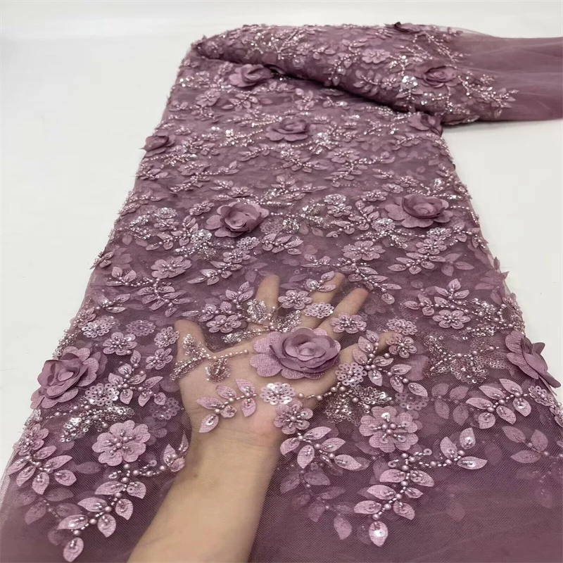 

2024 Pink High-End Handmade Beaded 3D flower Lace Fabric Gold Embroidery French Lace Wedding Dress Embroidered Aqua Tulle Fabric