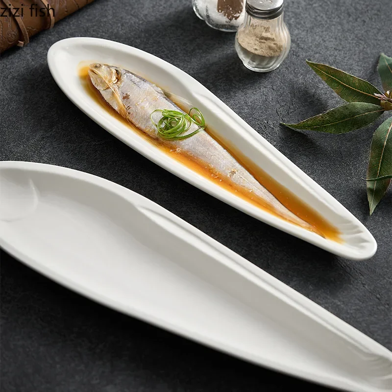 White Shaped Fish Plate Ceramic Autumn Knife Fish Long Strip Plate Steamed Sushi Dish Artistic Conception Tableware