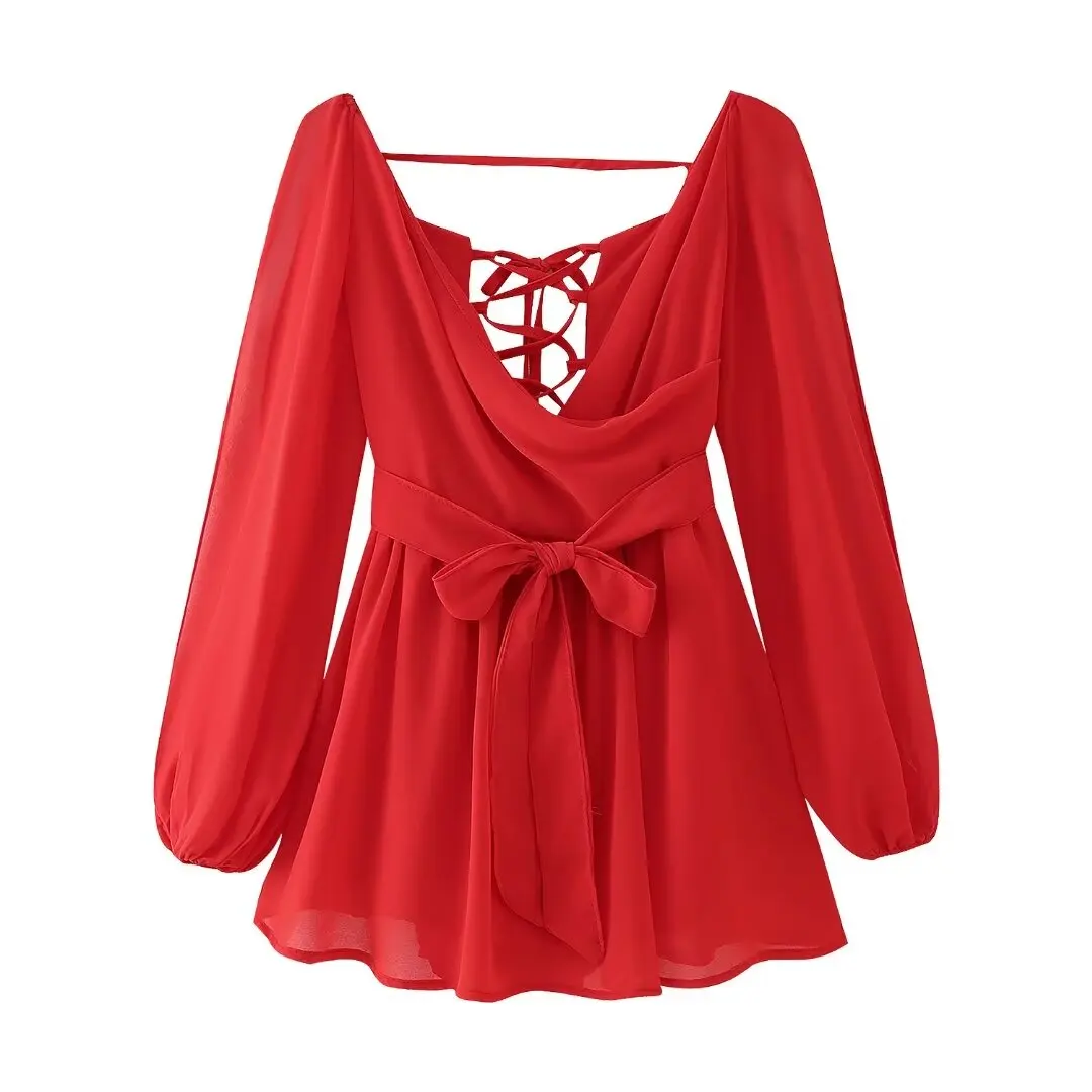 thumbnail image 1 of HH TRAF Vestido corto femenino elegante de verano de gasa con aberturas y lazo con cordones, vestido elegante de manga larga para vacaciones en la playa para mujer, 1 of 4