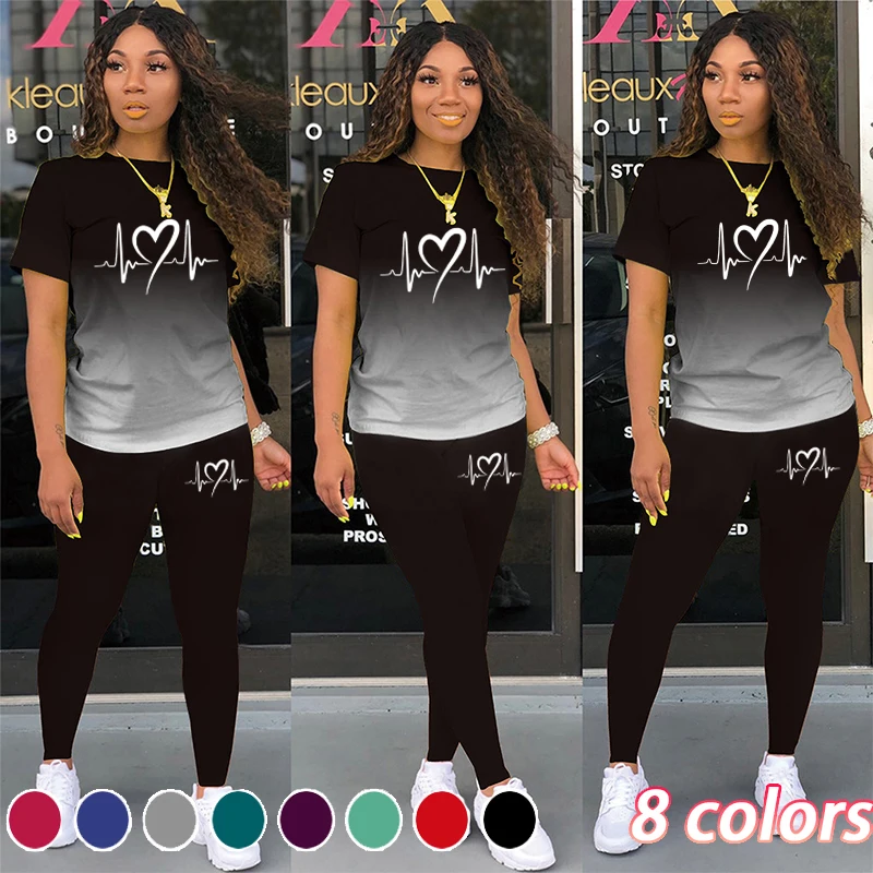 Fashion Ladies Tshirt Pant Two Piece Set Hoodies Outfits Women T-shirt With Heartbeat Print Suit 5pcs lot blank sublimation men s and women s sport hoodies with seven quarter sleeves heat press dye sublimation ink transfer