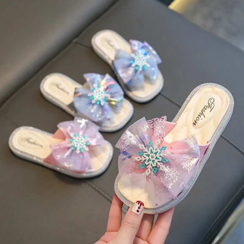 

Girls Summer Slippers Fashion Princess Kids Slides Children Swimming Bath Slippers Anti-skid Snow Flake Sweet Lace Bowtie Cute