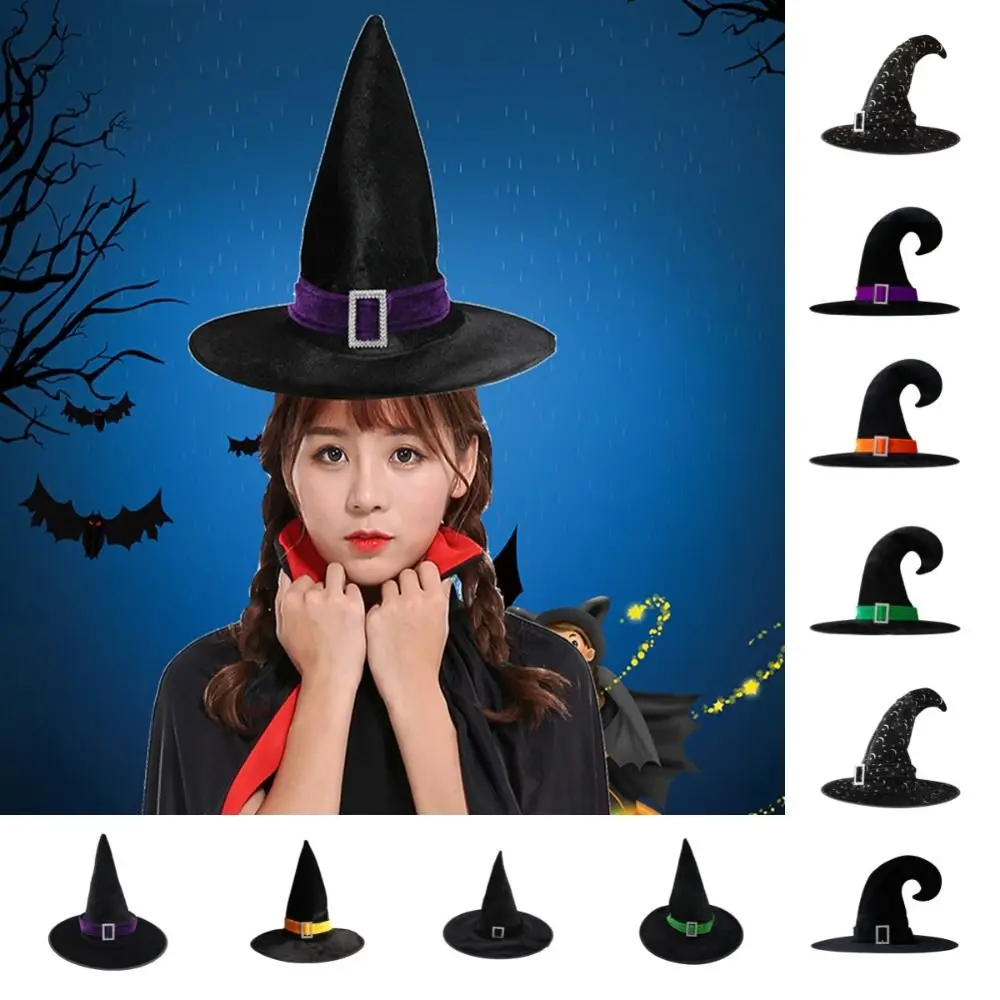Simple Velvet Halloween Witch Wizard Hat Bending Angle Satin Ribbon Halloween Hat Costume Props Gilding Devil Cap Night Club
