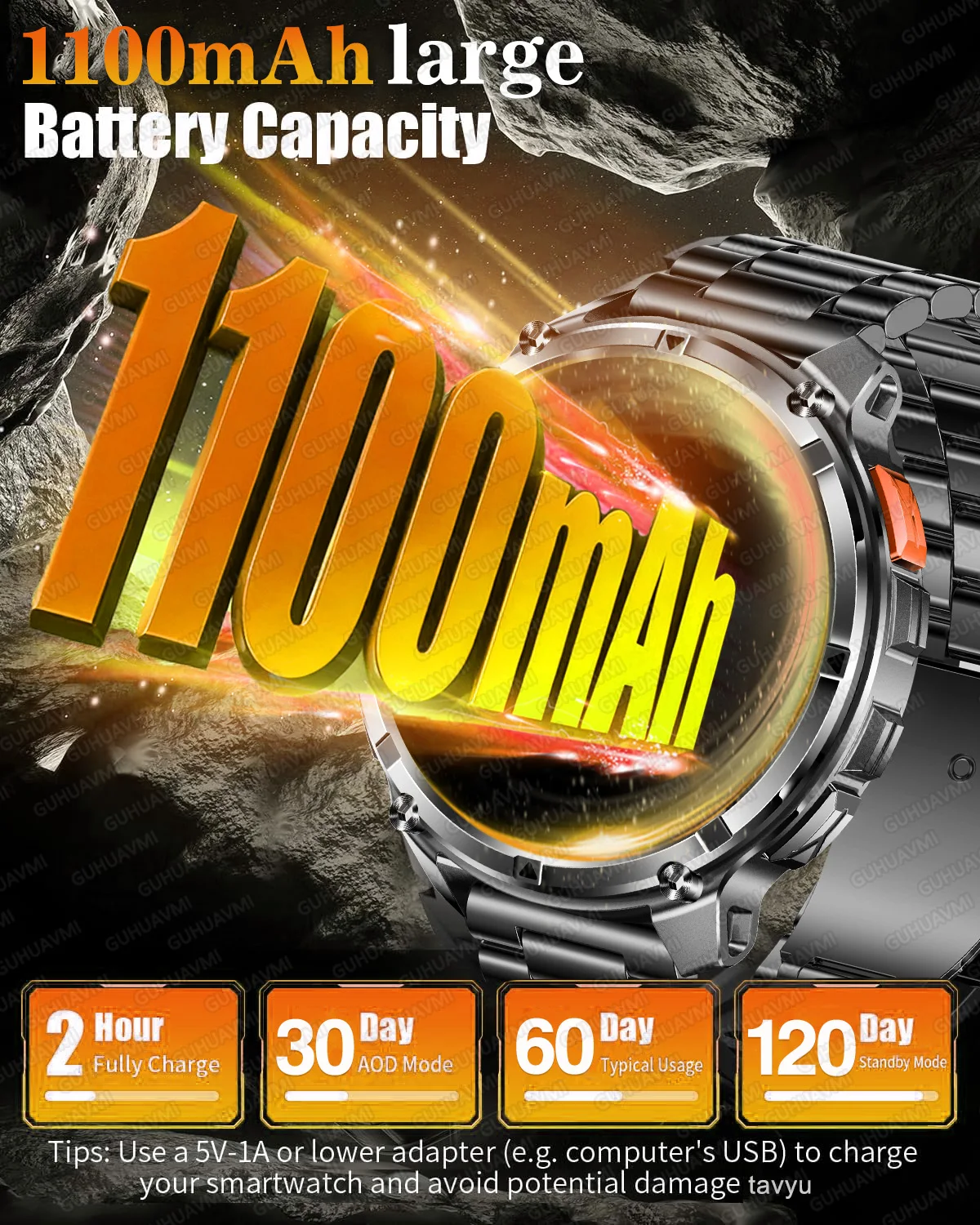 1100mAh Large Battery Durable Adult GPS Smart Watch Strong Flashlight Compass Waterproof Clock HD Call Swim Sport Smartwatch Men