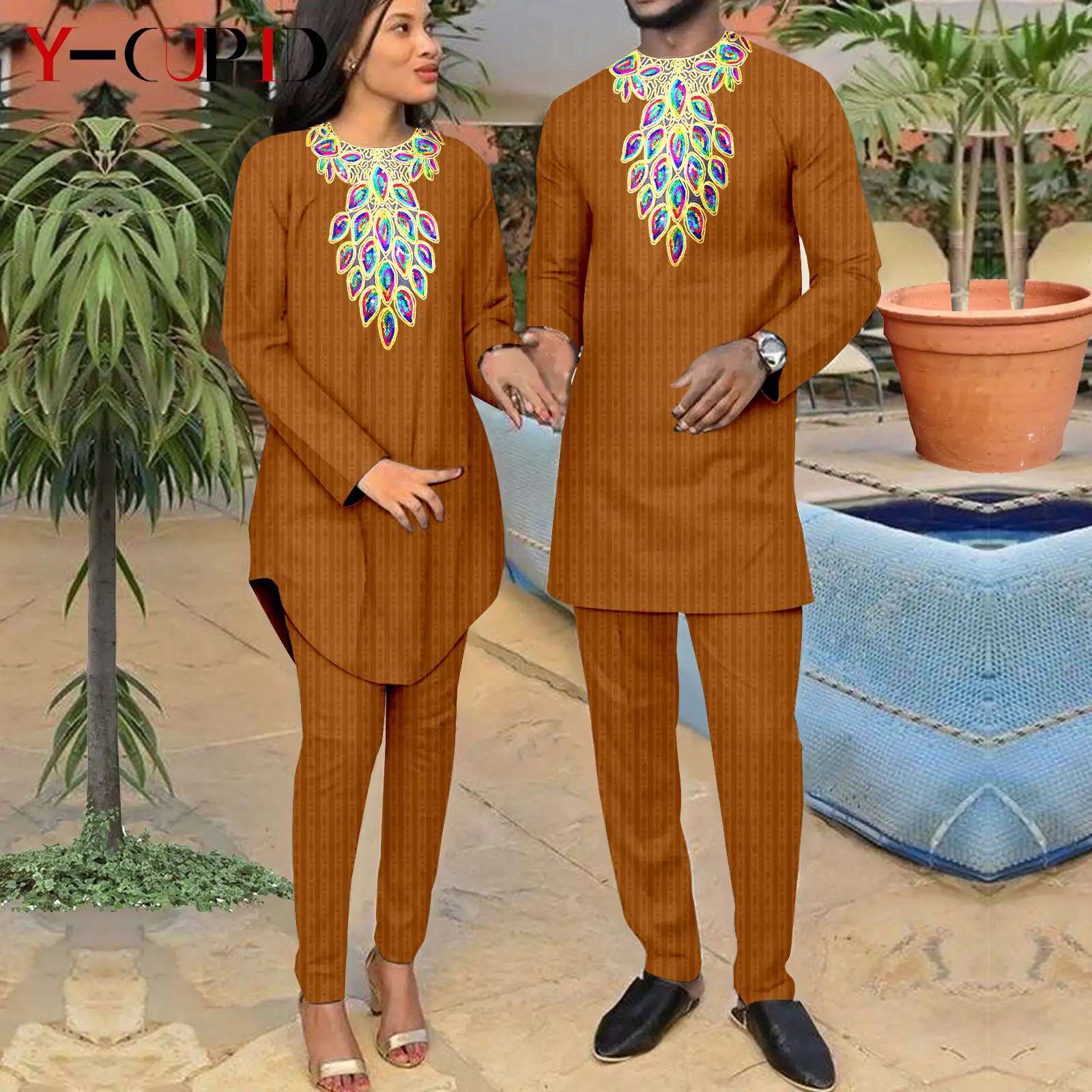 

African Matching Outfit for Couples Bazin Riche Men Jacquard Top and Pants Sets Kaftan Dashiki Women Long Sleeve Outwear Y23C050