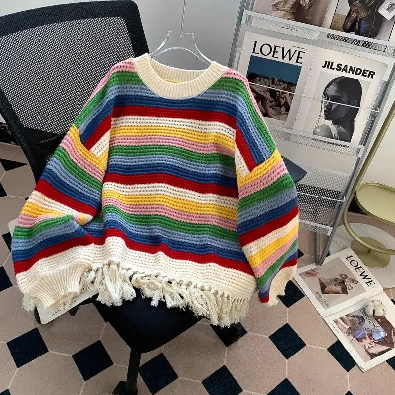 Rainbow Striped Colorful Tassel Sweater for Women Womens Sweaters
