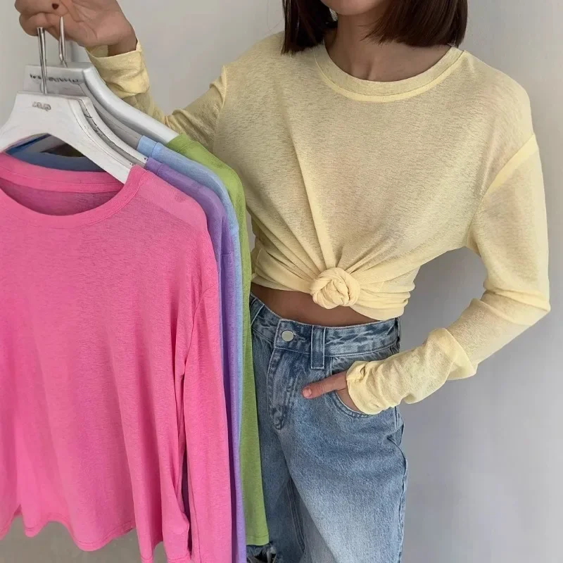 2025 Basic Soft T Shirts Women Summer Autumn Long Sleeves Loose Bottom Tees Ladies Casual Knitted Soft Woman Tops 1