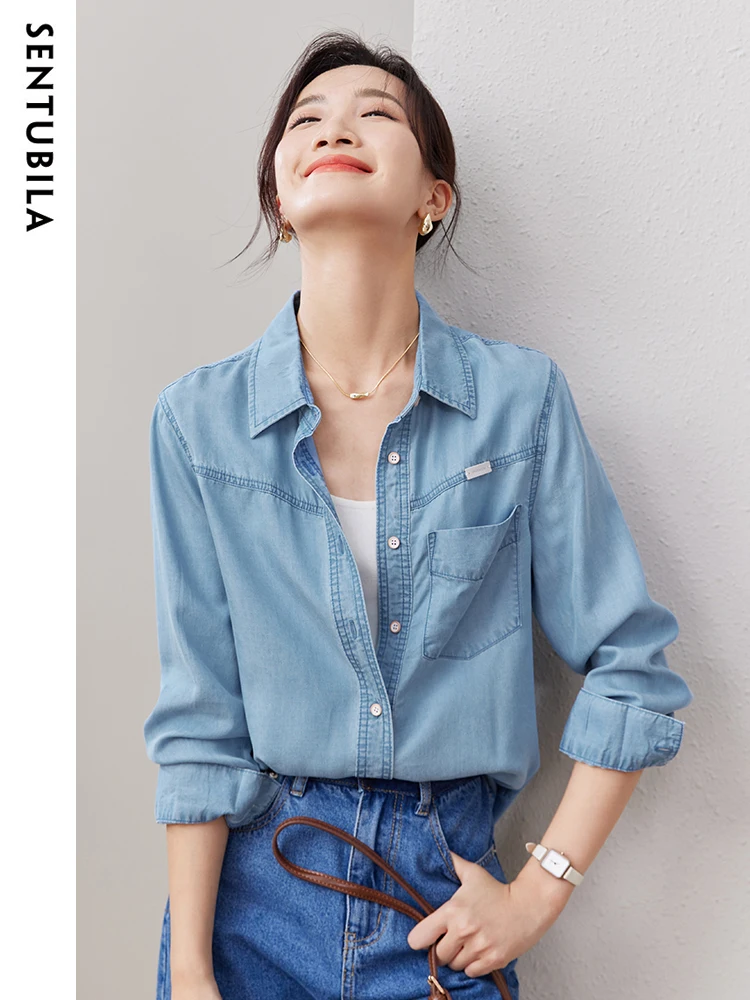 

Sentubila Womens Casual Denim Shirts 2023 Autumn Fashion Long Sleeve Tops Female Button Down Lyocell Shirts & Blouses W33C50016