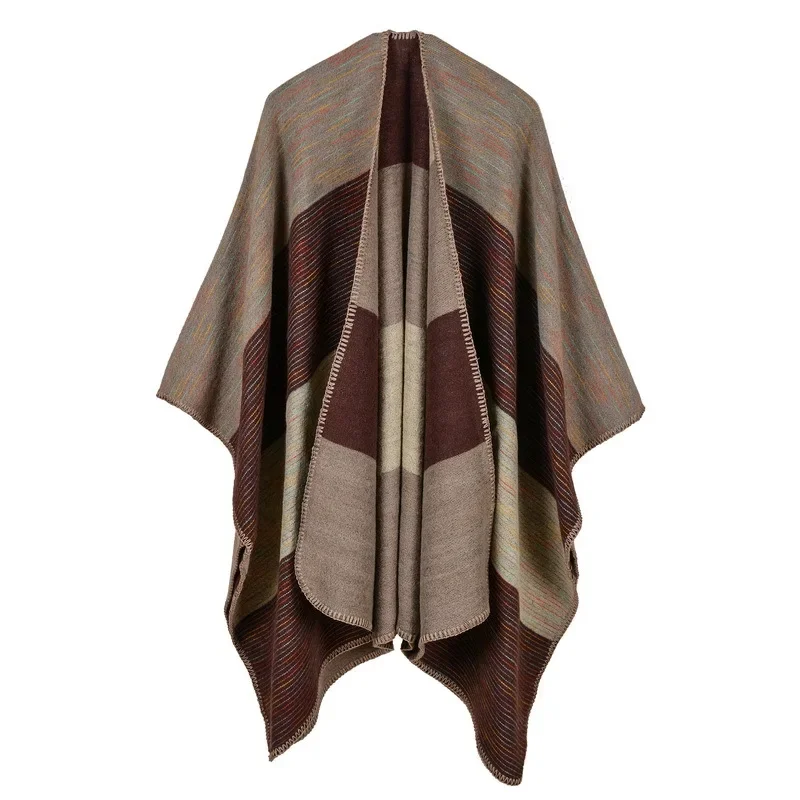 

European Thickened Autumn Winter Rainbow Wide Strip Dual-purpose Shawl Warm Imitation Cashmere Shawl Cape Ponchos Khaki