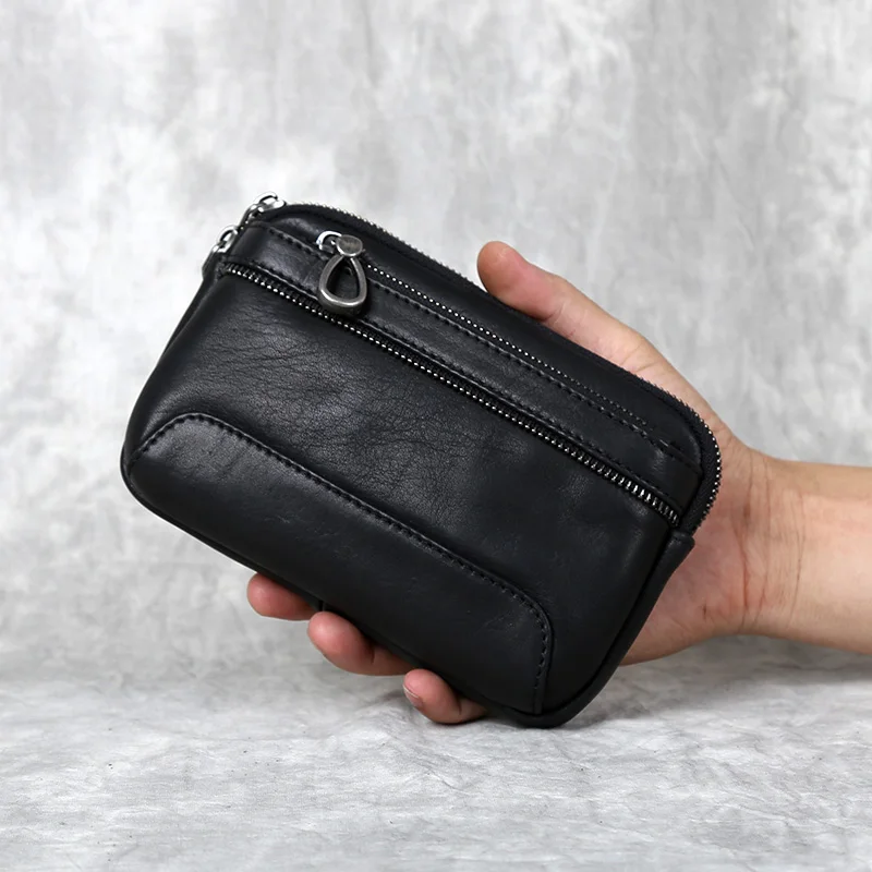 Men's Genuine Leather Horizontal Mobile Phone Bag Retro Top Layer Cowhide Simple Casual Wear Belt Double Zipper Waist Bag JLFGPJ - 3
